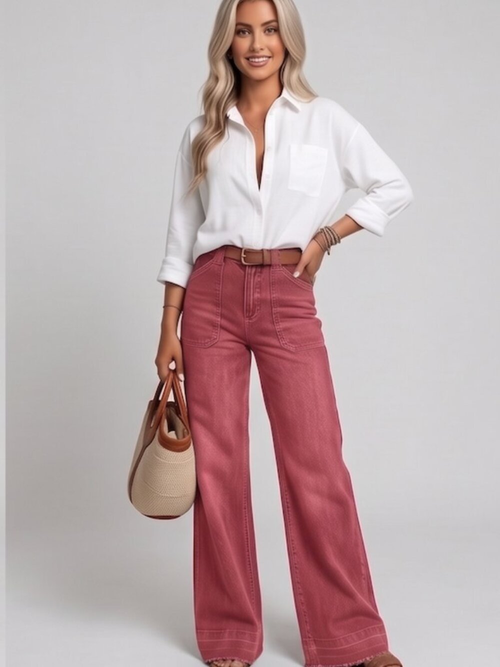 Red High-Waisted Front Patch Pocket Denim Wide Leg Jeans
